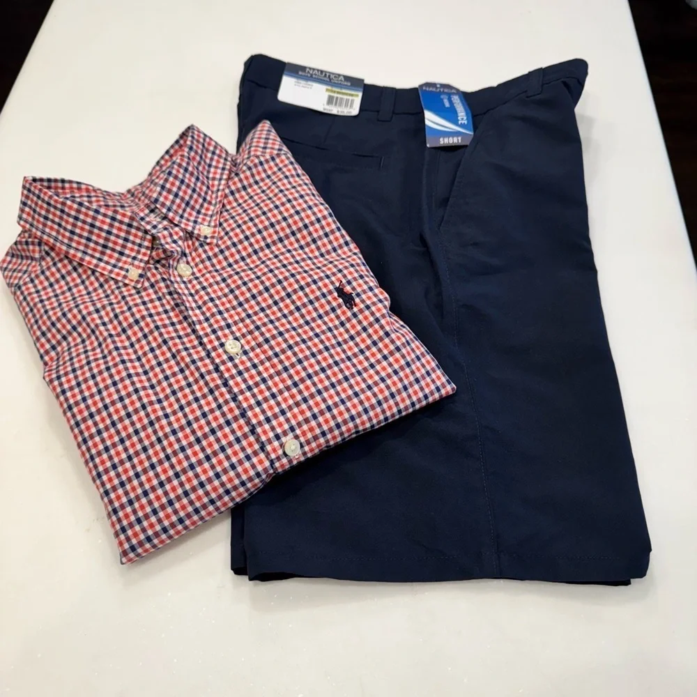 Boys Outfit Ralph Lauren Plaid Button Down Shirt & Nautica Blue Shorts Sz 14